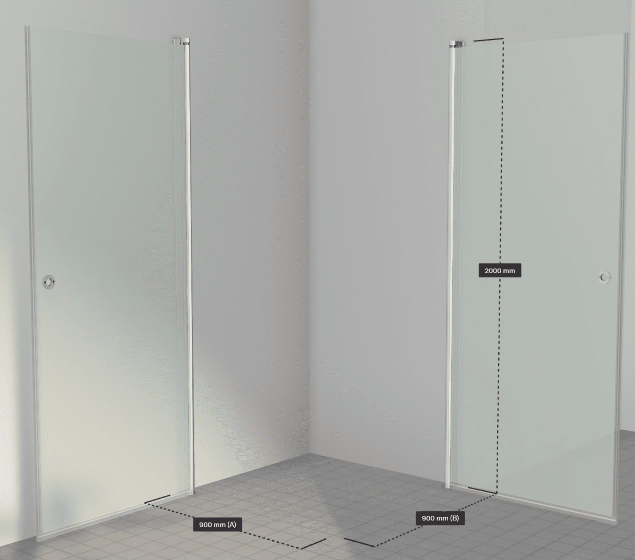 Brusevæg i glas - Frostet glas, børstet alu - HL Keramik Bruseloesning Brusekabine Frostet Glas Boerstet Alu HL Keramik Aaben