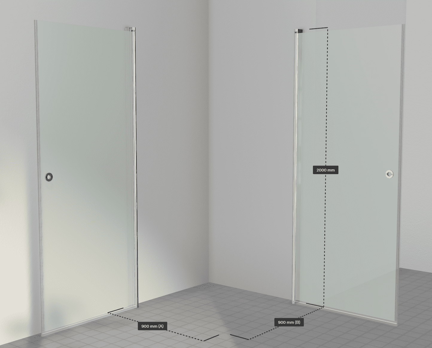 Brusevæg i glas - Frostet glas, poleret alu - HL Keramik Bruseloesning Brusekabine Frostet Glas Poleret Alu HL Keramik Aaben